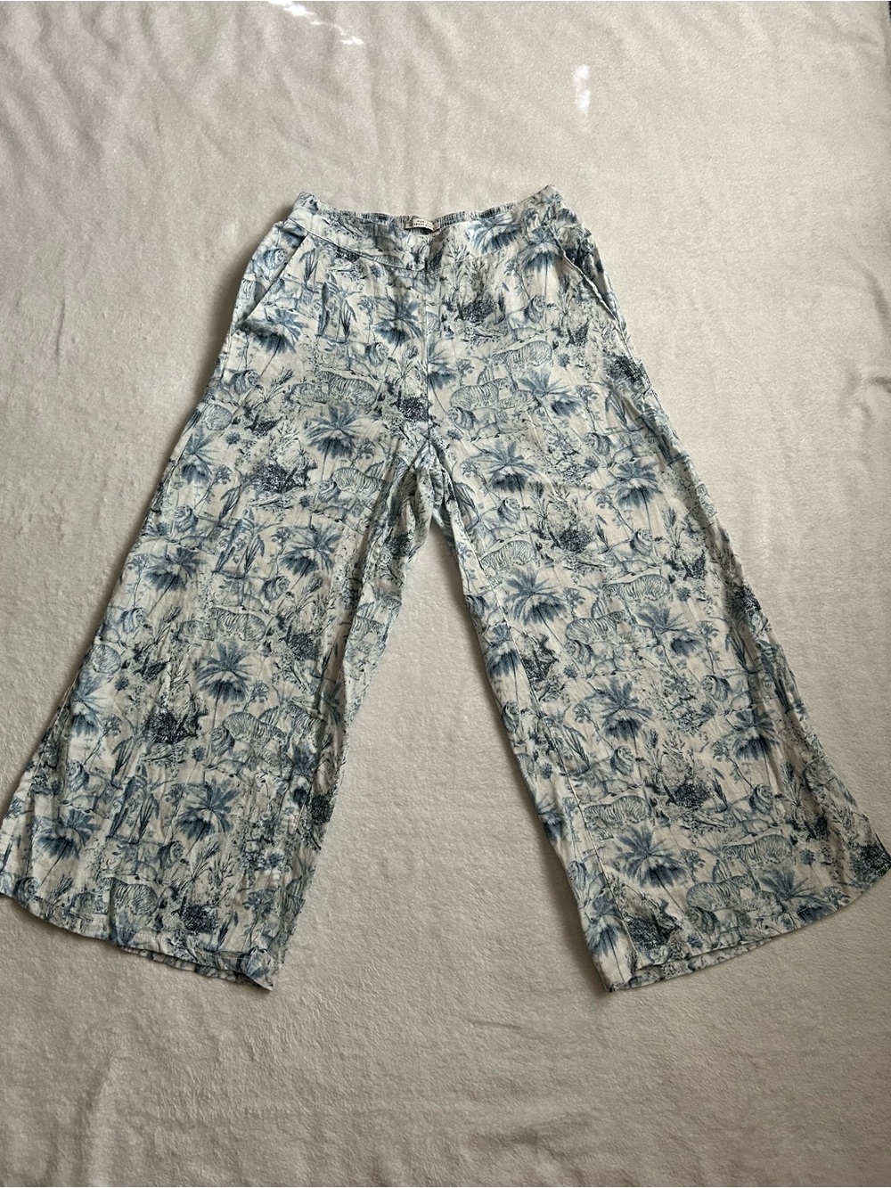 Rachel Zoe Blue and White Tropical Wide-Leg Pants